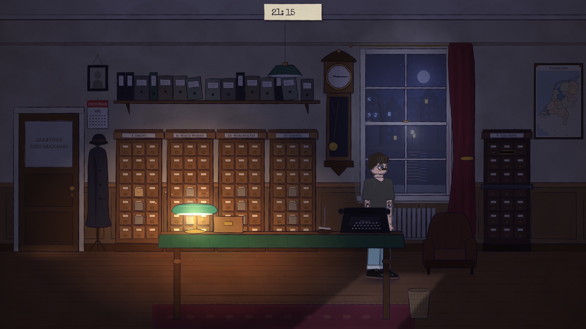 The reading room of the Centraal Sagenarchief at night: a green-shaded lamp on the reading table, five card cabinets along the wall, a long-case clock and a moonlit window.