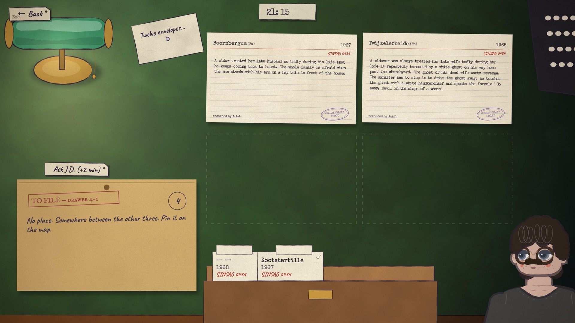 The reading table from above: J.D.'s envelope asking to pin a card without a place name on the map, two cards from Boornbergum and Twijzelerheide, and the tray of cards.