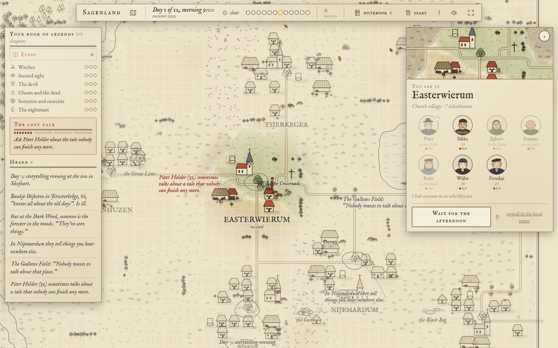 The Sagenland field map: an inked map of villages, roads and heath, with the book of legends on the left and the village of Easterwierum and its inhabitants on the right.