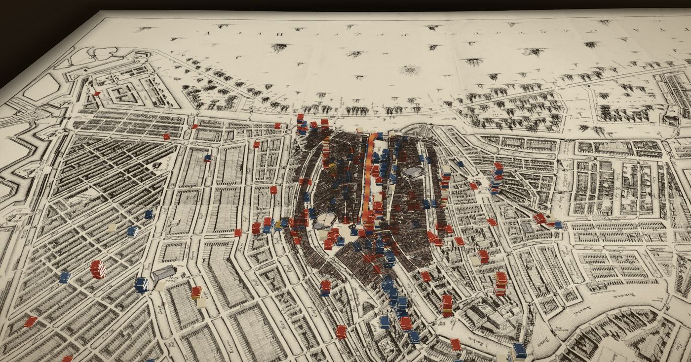 Gerrit de Broen’s engraved map of Amsterdam, with red and blue song books stacked on the printers’ shops.