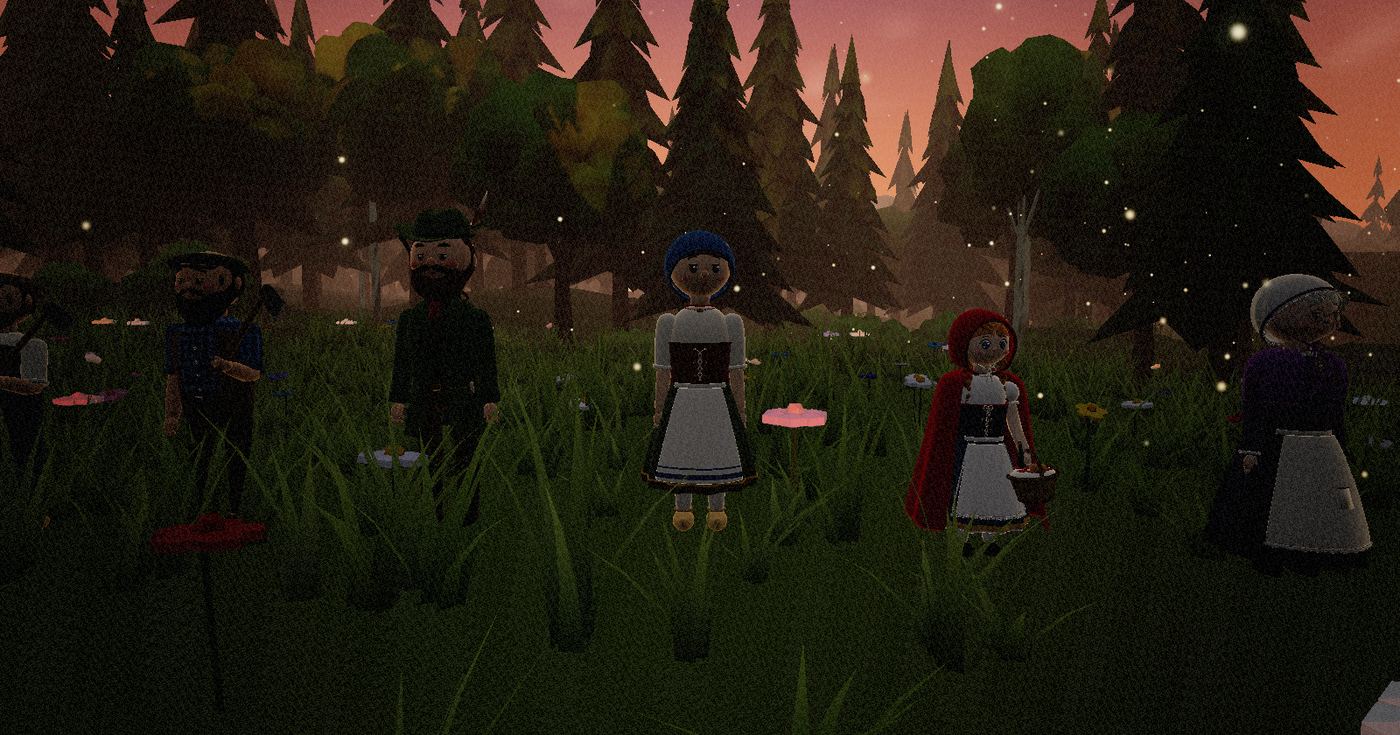 Little Red Riding Hood, her grandmother and the rest of the cast in a forest clearing at dusk, among drifting golden motes.