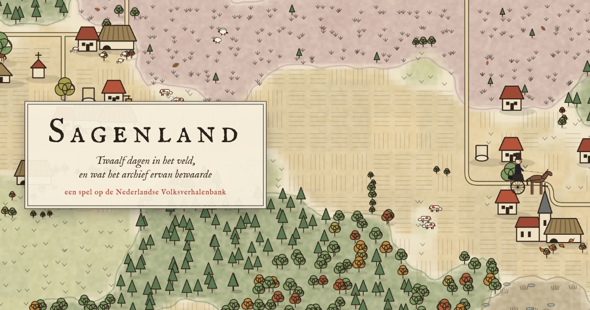 A hand-drawn field map with a village, a church, woods and a doctor in a gig, with the title Sagenland.