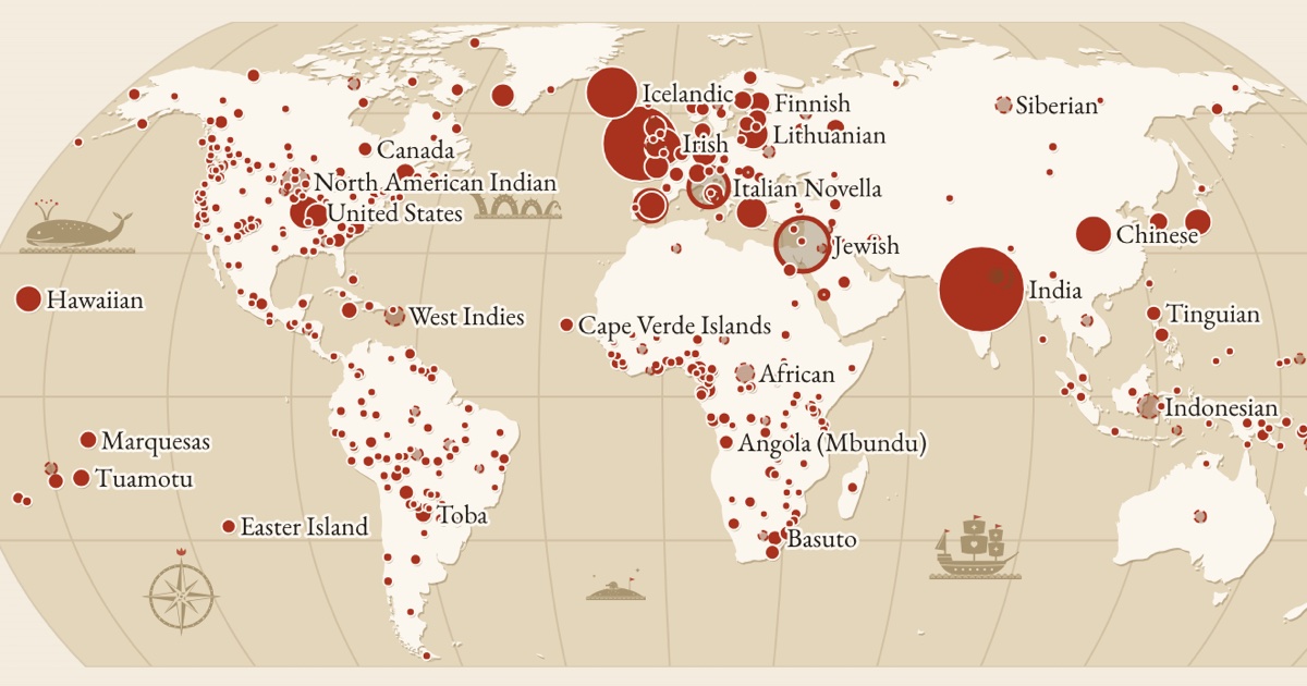 Spindle’s papercut atlas: a parchment world map dotted with red discs for the peoples and places Thompson’s sources cite, largest for India, Ireland and Iceland.