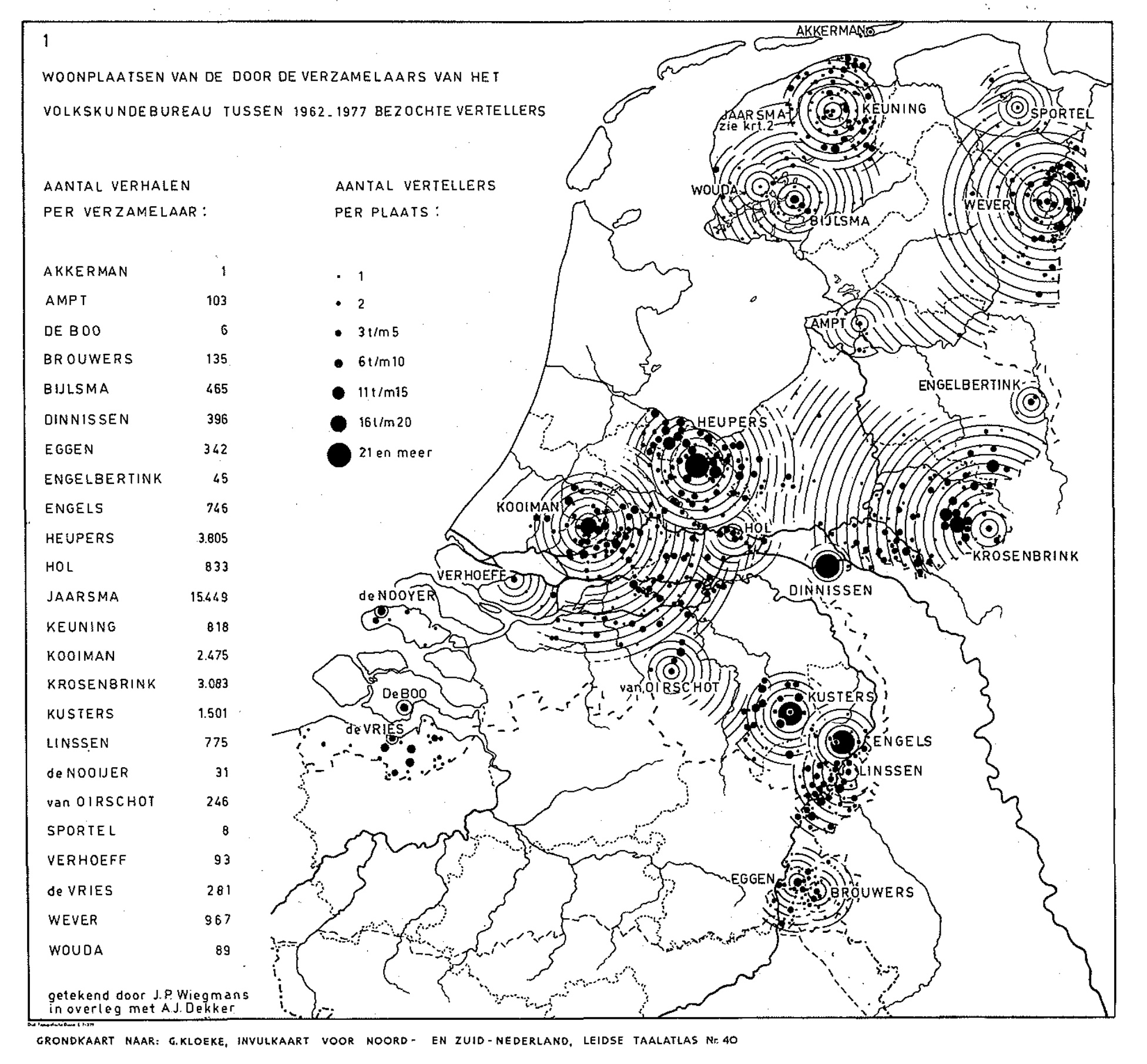 Figure 1: Map by A.J. Dekker showing the residences of the narrators visited by the collectors of the Folklore Bureau between 1962 and 1977.